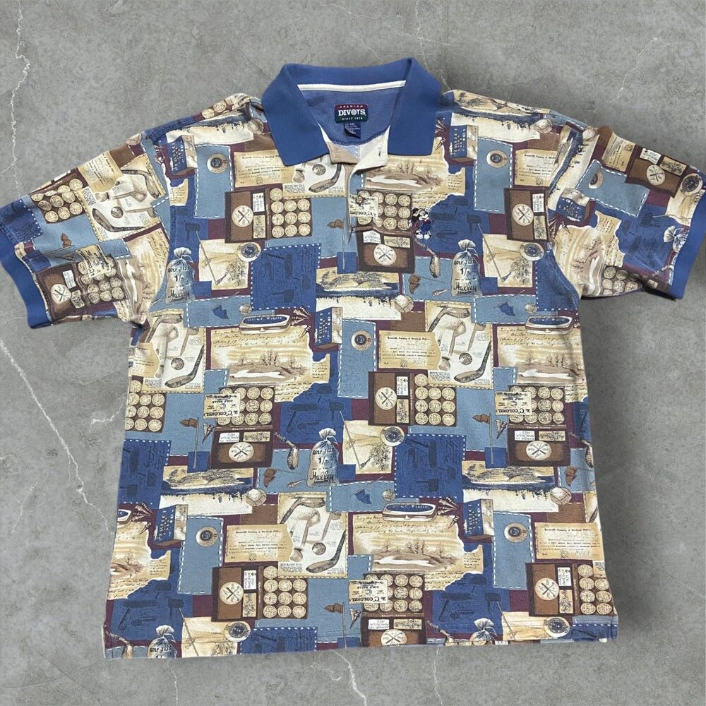 Divots x Disney Vintage 90s AOP Golf Mickey Mouse Shirt Tan Blue Men's Size XXL